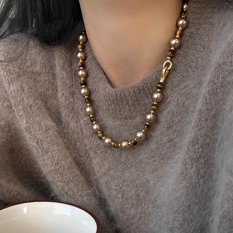 伊灿咖色虎眼石珍珠项链女小众