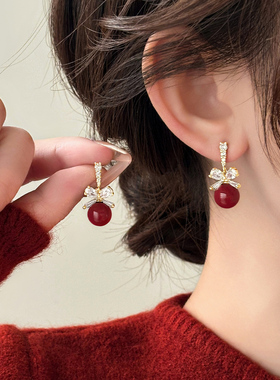 红色蝴蝶结珍珠耳饰高级感气质新年耳环百搭纯银耳钉小众设计耳夹