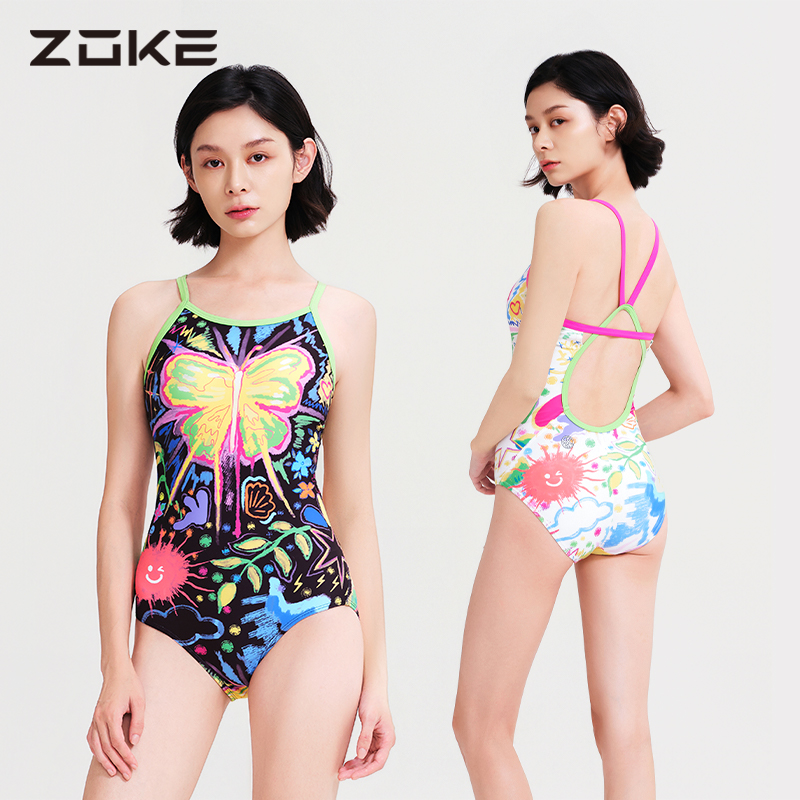 洲克新款竞技三角连体蝴蝶泳衣女