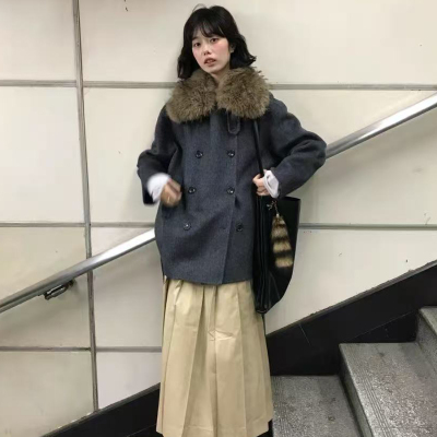 美式复古双排扣大毛领毛呢外套