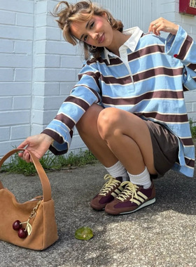 不正可退】欧美风休闲百搭条纹POLO衫T恤女2025新款秋季宽松上衣