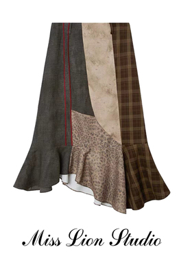 现货】复古设计感拼接半身裙女秋季豹纹格子不规则高腰显瘦长裙子