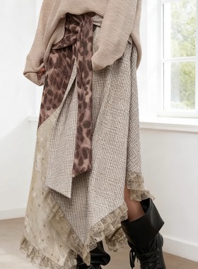 不正可退】蕾丝复古拼接不规则绑带法式绣花设计缎面印花半身裙子