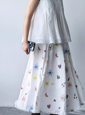 正确版】「花园告白」浪漫肌理印花白色半身裙休闲宽松显瘦长裙