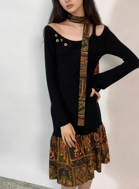 正确版】复古焦糖拼接撞色收褶设计感长袖连衣裙女2025秋拼接长裙