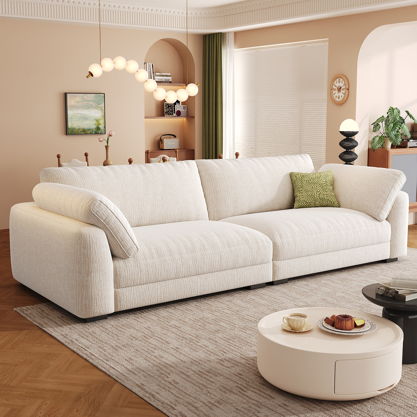 雪尼尔布艺沙发小户型客厅三人位直排奶油风新款可拆洗猫抓布沙发