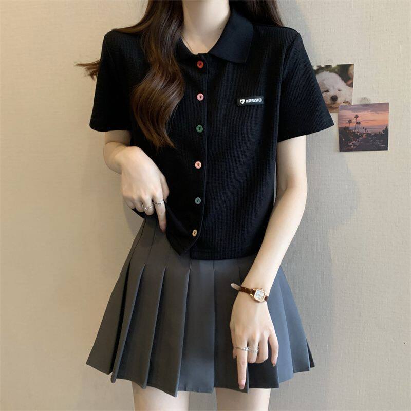 大码华夫格polo衫纽扣短袖t恤女夏新款小个子设计感显瘦短款上衣
