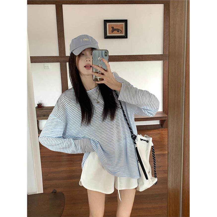 小心机露背绑带蓝色条纹长袖t恤女夏薄款宽松上衣慵懒风防晒罩衫
