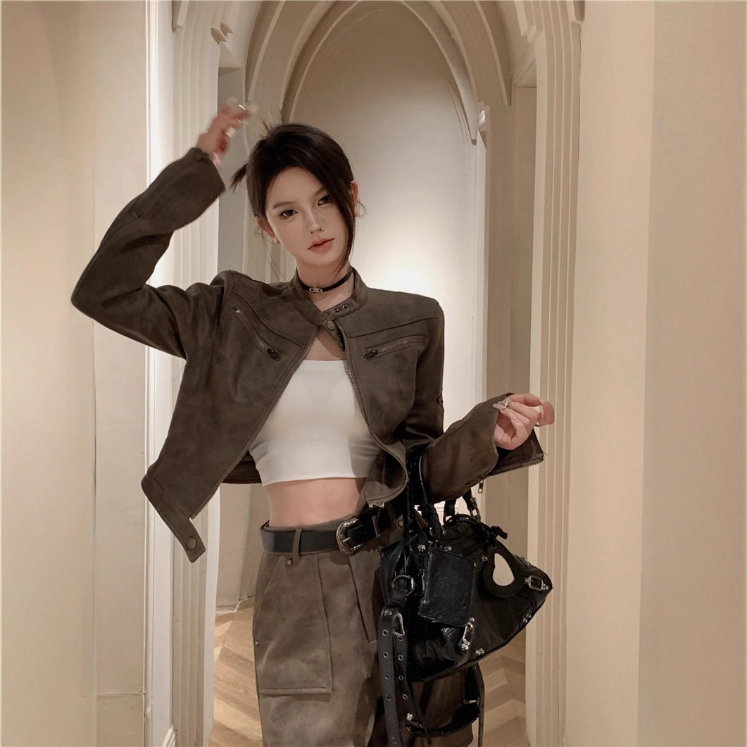 美式复古秋季短款机车服外套女春秋2025新款麂皮咖色帅酷气质夹克