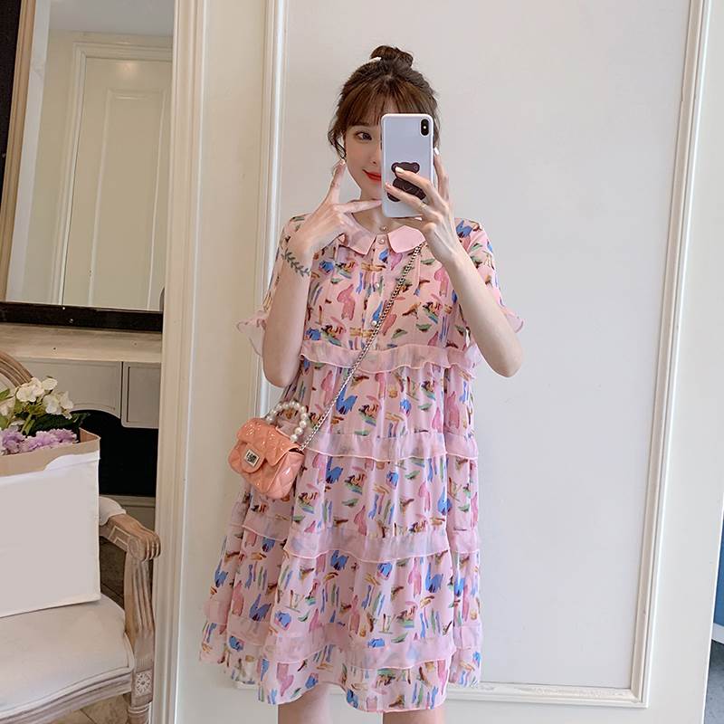 网红款孕妇装夏装时尚碎花雪纺中长款宽松大码潮辣妈连衣裙女