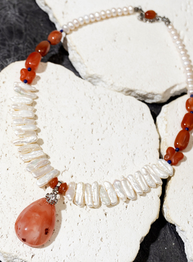 二梦三青【垂帘金銮殿】原创小众天然珍珠南红项链女时尚高级复古