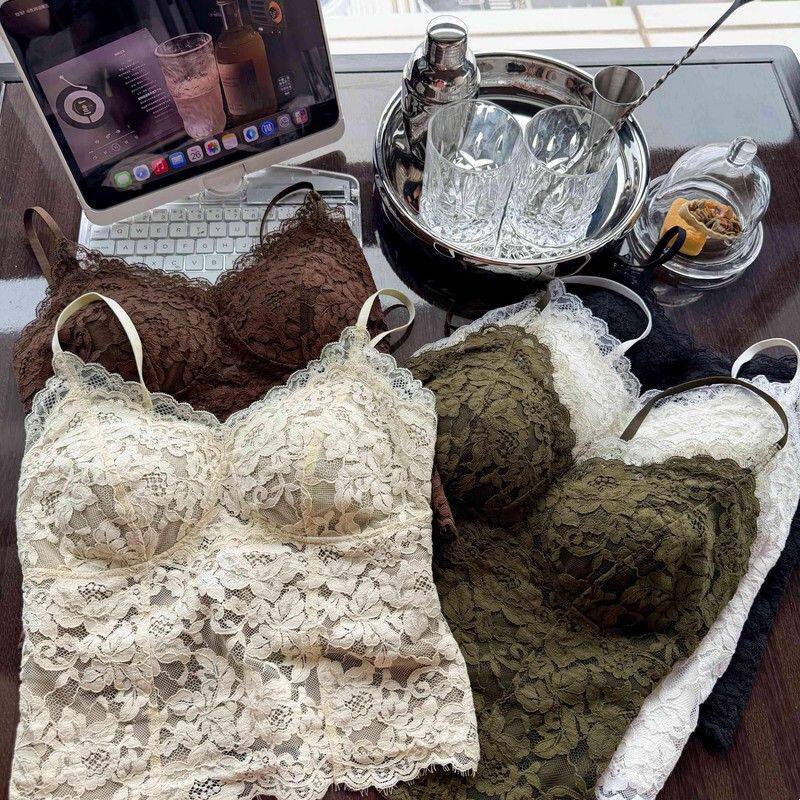 法式蕾丝美背吊带文胸背心女秋冬款自带胸垫磨毛保暖内搭打底上衣