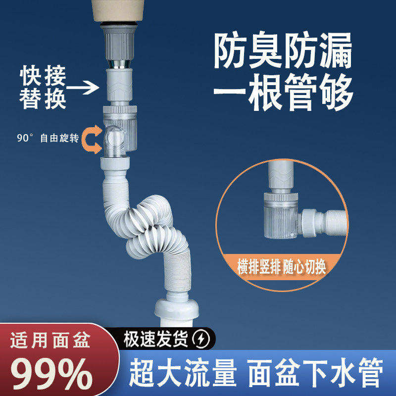 快接防臭下水管便捷安装横排竖排90度旋转卫生间洗脸盆排水管Y