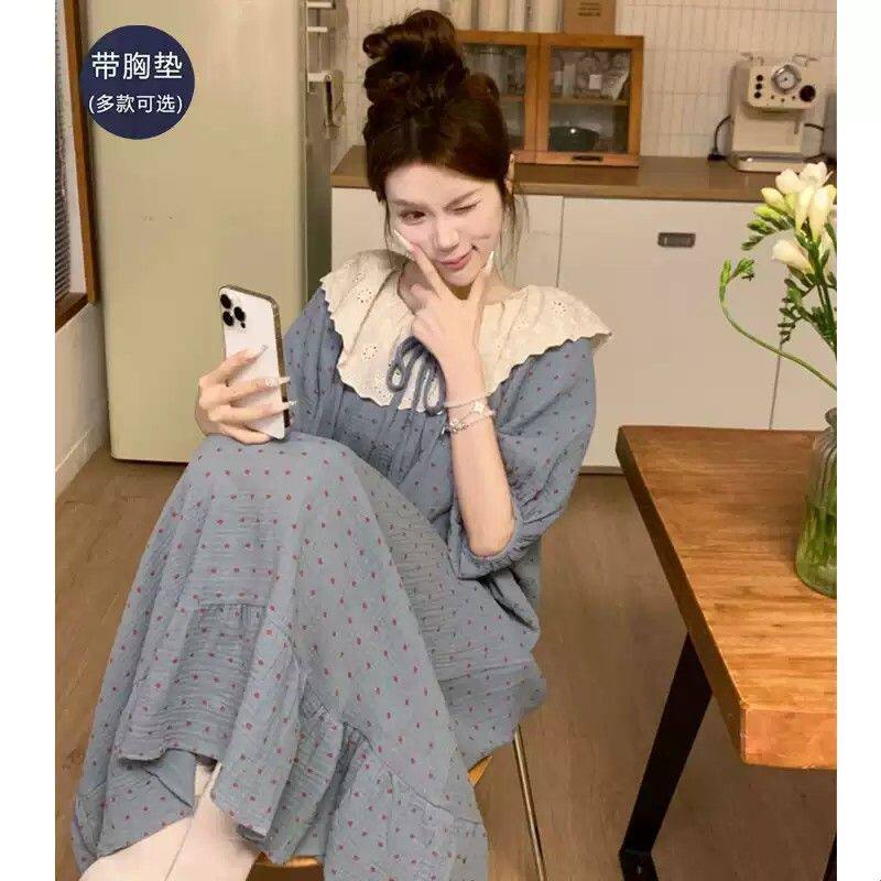 睡裙女夏季带胸垫薄款短袖纯棉睡衣夏天大码家居服连衣裙可外穿