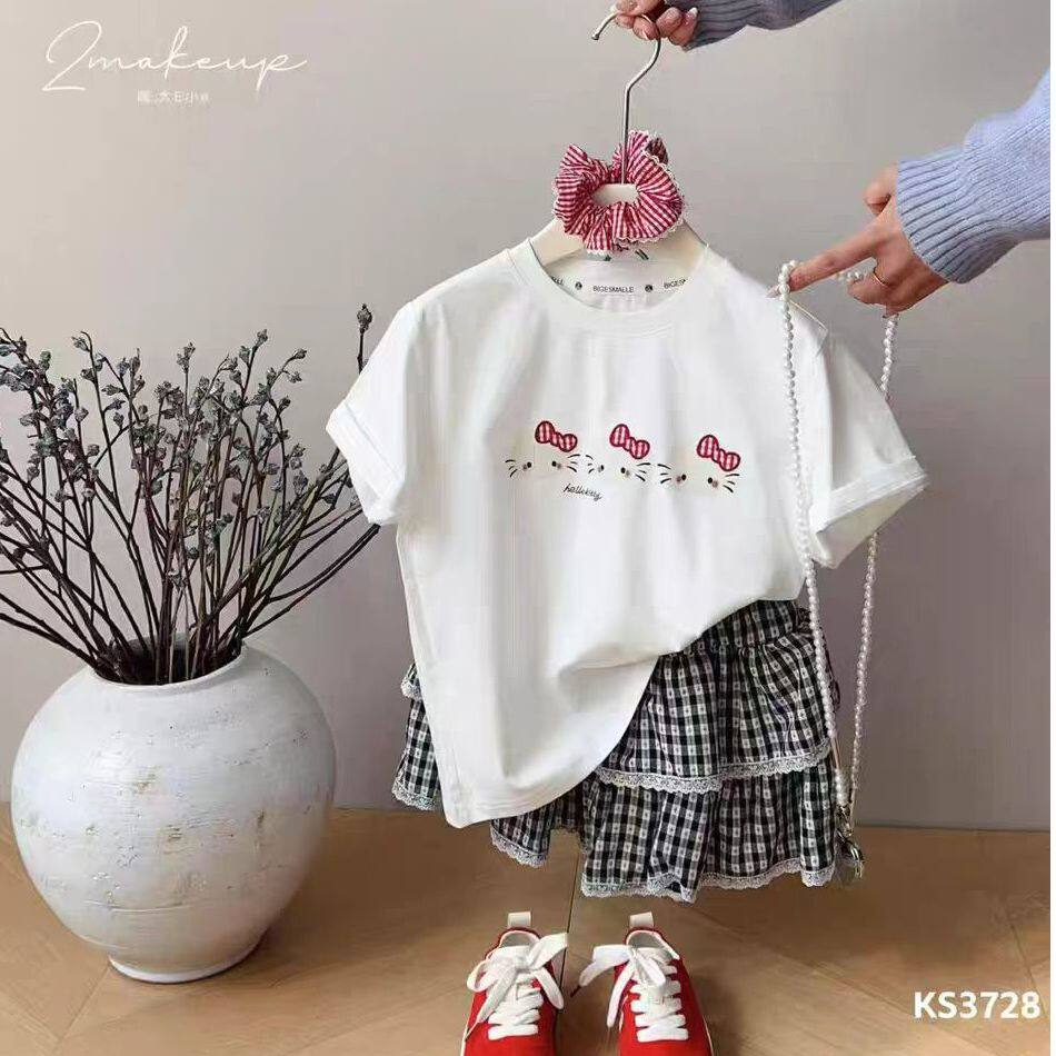 2026夏季童装女童洋气百搭短袖儿童卡通蝴蝶结印花T桖格子半身裙