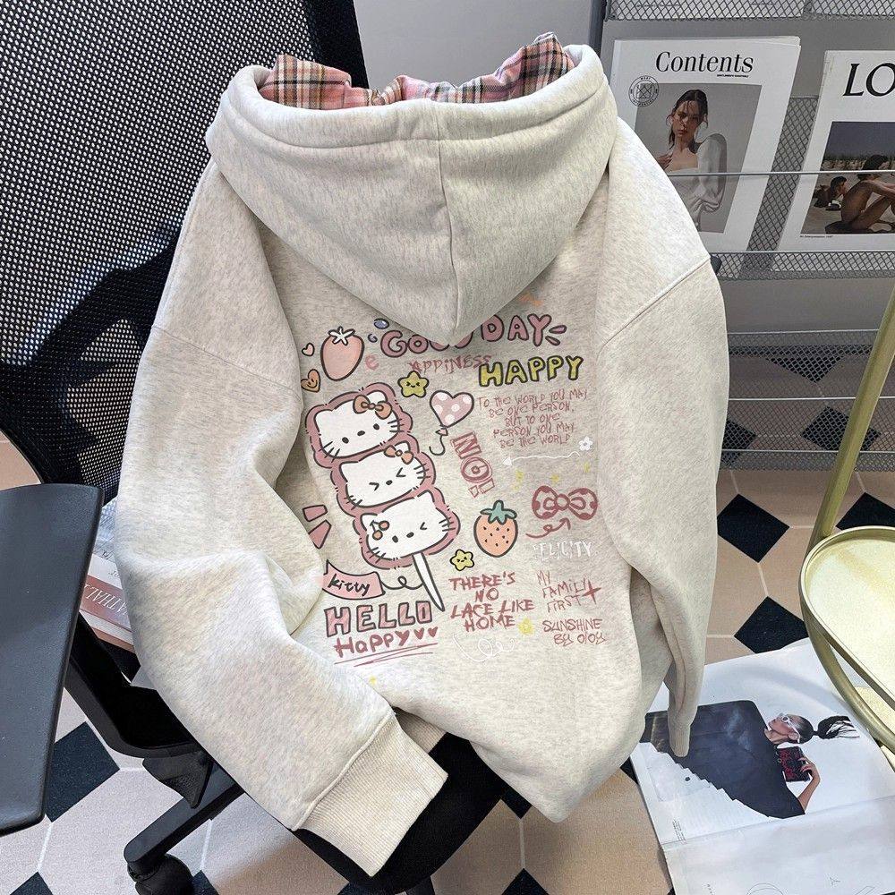 日系可爱涂鸦Kitty猫卫衣加绒开衫女中大童百搭秋季连帽拉链外套