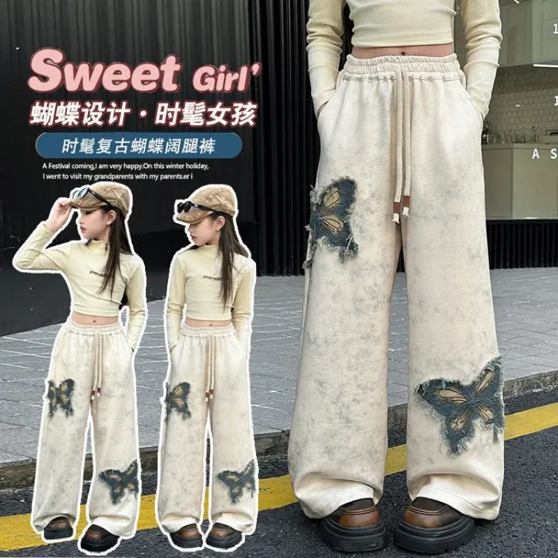 女童2025新款春秋款休闲裤儿童装春季蝴蝶刺绣裤子女孩阔腿裤洋气