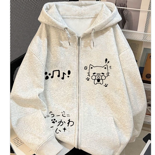 中大童韩系慵懒松弛感可爱小猫咪卫衣女童春秋冬洋气连帽开衫外套