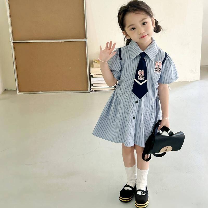 女童连衣裙2026新款夏季中大童POLO领JK裙学院风兔子条纹衬衫裙夏