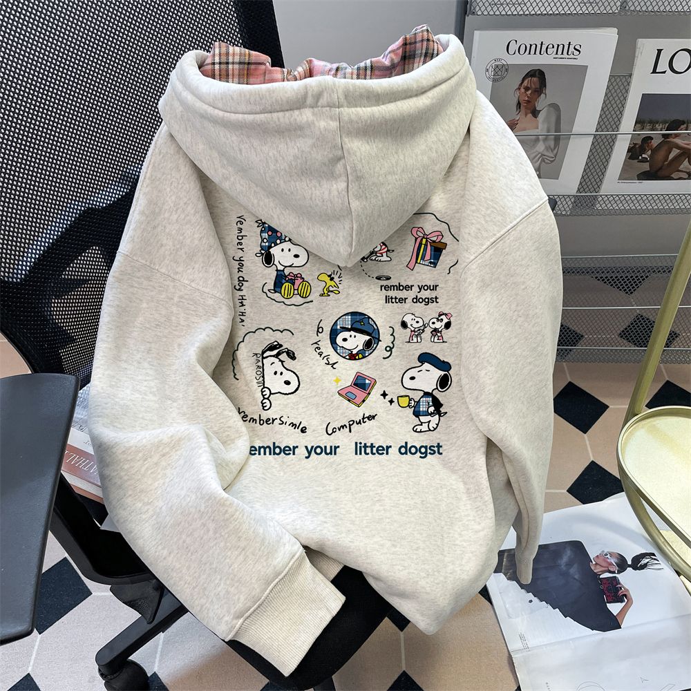 洋气独特格子拼接连帽外套女童秋冬加绒加厚卡通史努比开衫卫衣潮