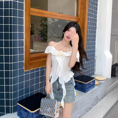 实拍 法式荷叶边立体花朵肌理感挂脖系带背心夏季一字肩上衣衬衫