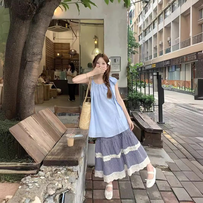 实拍 蓝色吊带背心女夏海边外穿氛围感无袖宽松上衣小衫衬衫女装