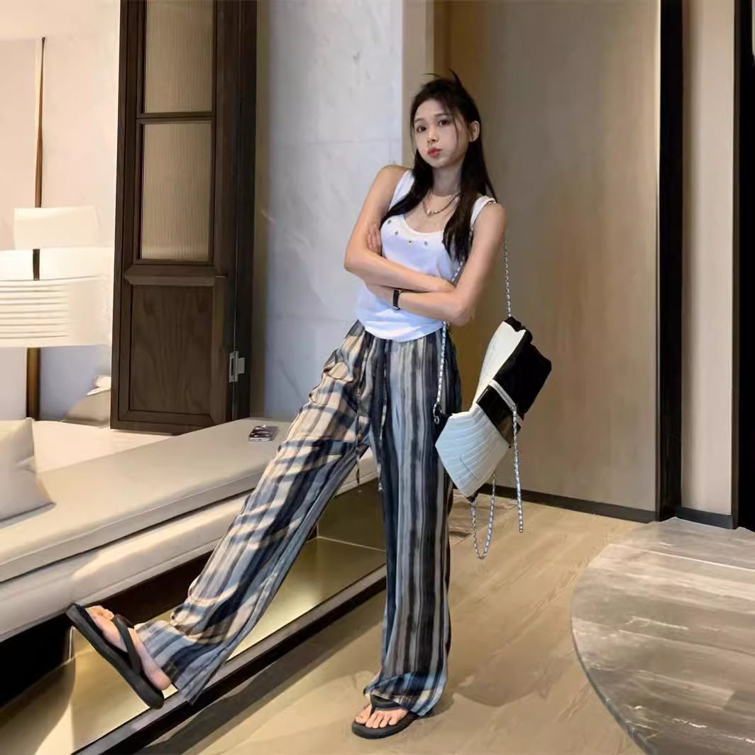 实拍 2024新款水墨竖条纹阔腿裤高腰垂感休闲直筒裤+7659白色背心