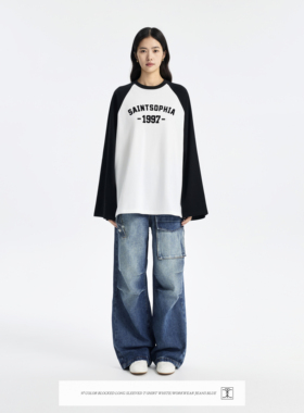 白鹿同款 concise-white简白胶囊系列拼色长袖t恤卫衣宽松