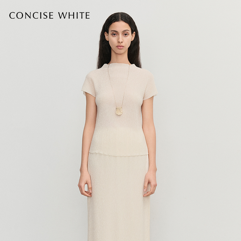 CONCISE-WHITE简白秋季新款休闲褶皱上衣短袖T恤设计师品牌女