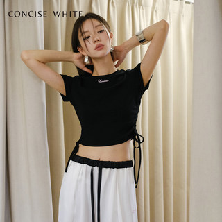 concise-white简白修身抽褶短袖女t恤夏季新品设计师品牌