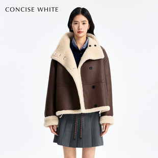 机车外套毛呢羊毛宽松皮衣女 短款 CONCISE WHITE简白2025秋冬新品