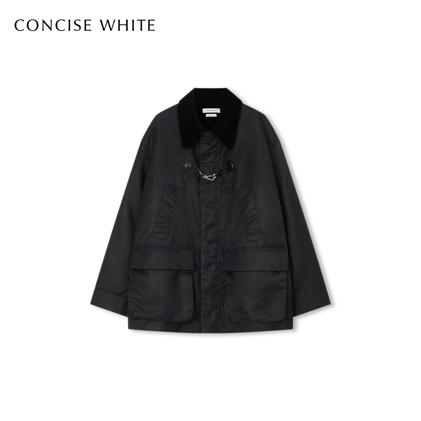 CONCISE-WHITE简白2025秋冬新品夹棉廓形夹克黑色宽松翻领外套女