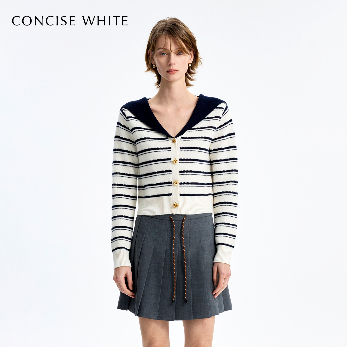 CONCISE-WHITE简白2025秋冬新品海军领条纹开衫羊毛上衣针织女