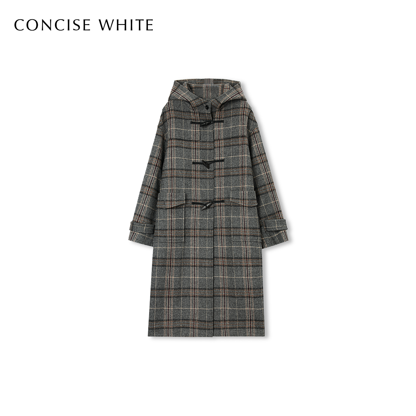CONCISE-WHITE简白2025秋冬新品牛角扣连帽长大衣羊毛宽松外套女