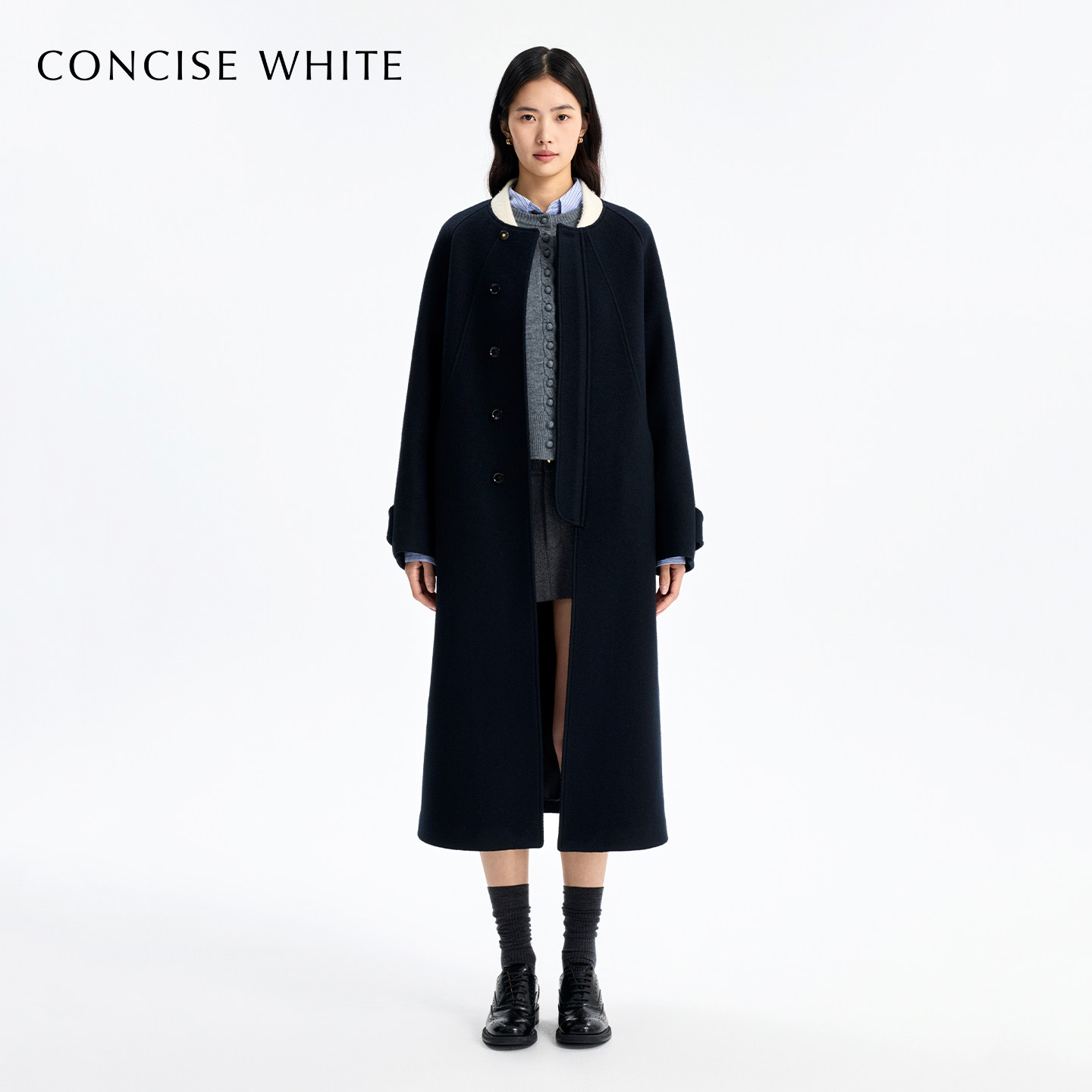 CONCISE-WHITE简白2025秋冬新品拼色棒球领长外套羊毛宽松大衣女