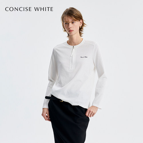CONCISE-WHITE简白半拉链长袖T恤