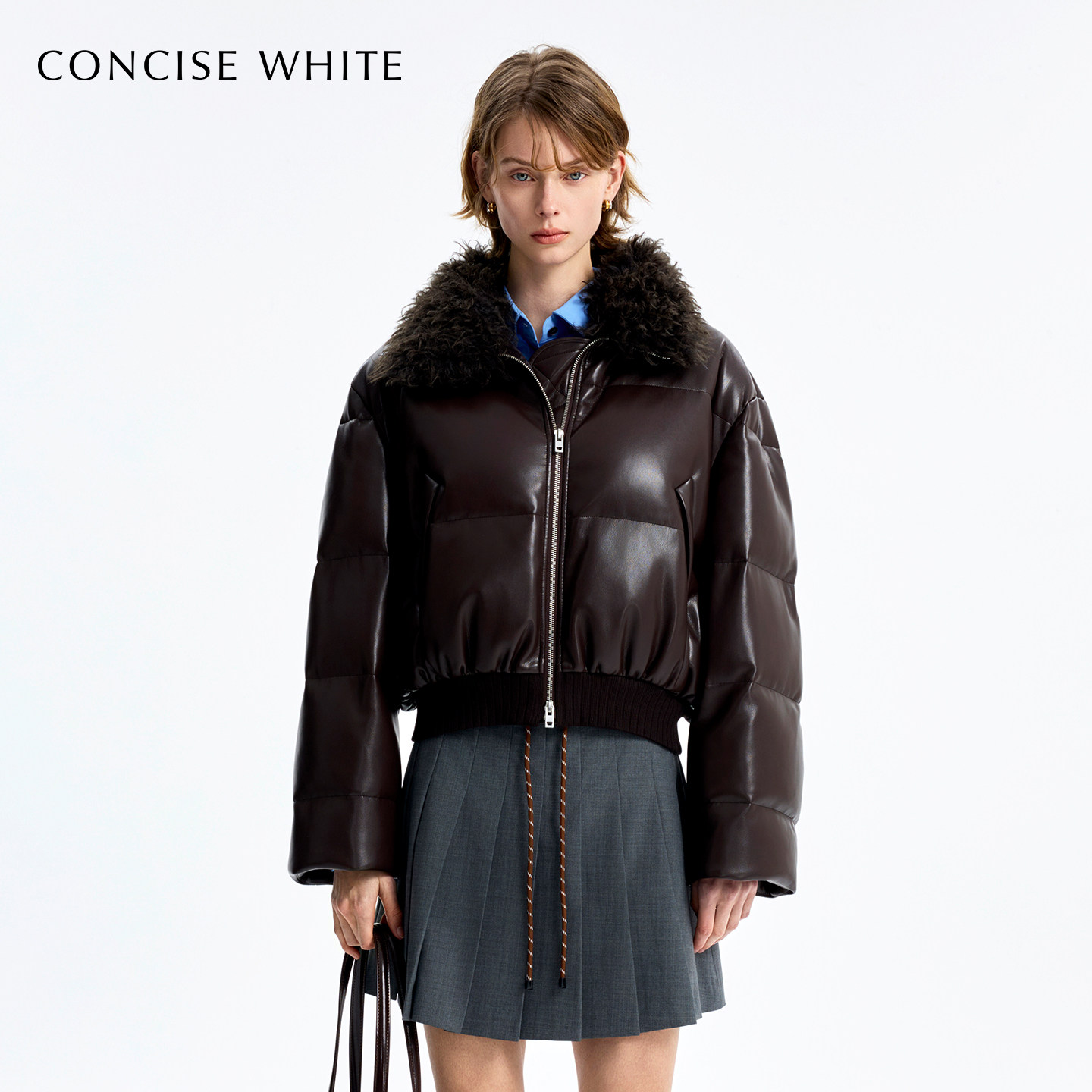 CONCISE-WHITE简白2025秋冬新品短款毛领皮羽绒鹅绒高级感外套女