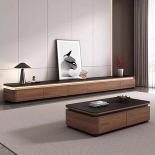 岩板电视柜茶几组合家用客厅氛围灯2025新极简实木落地电视机柜子