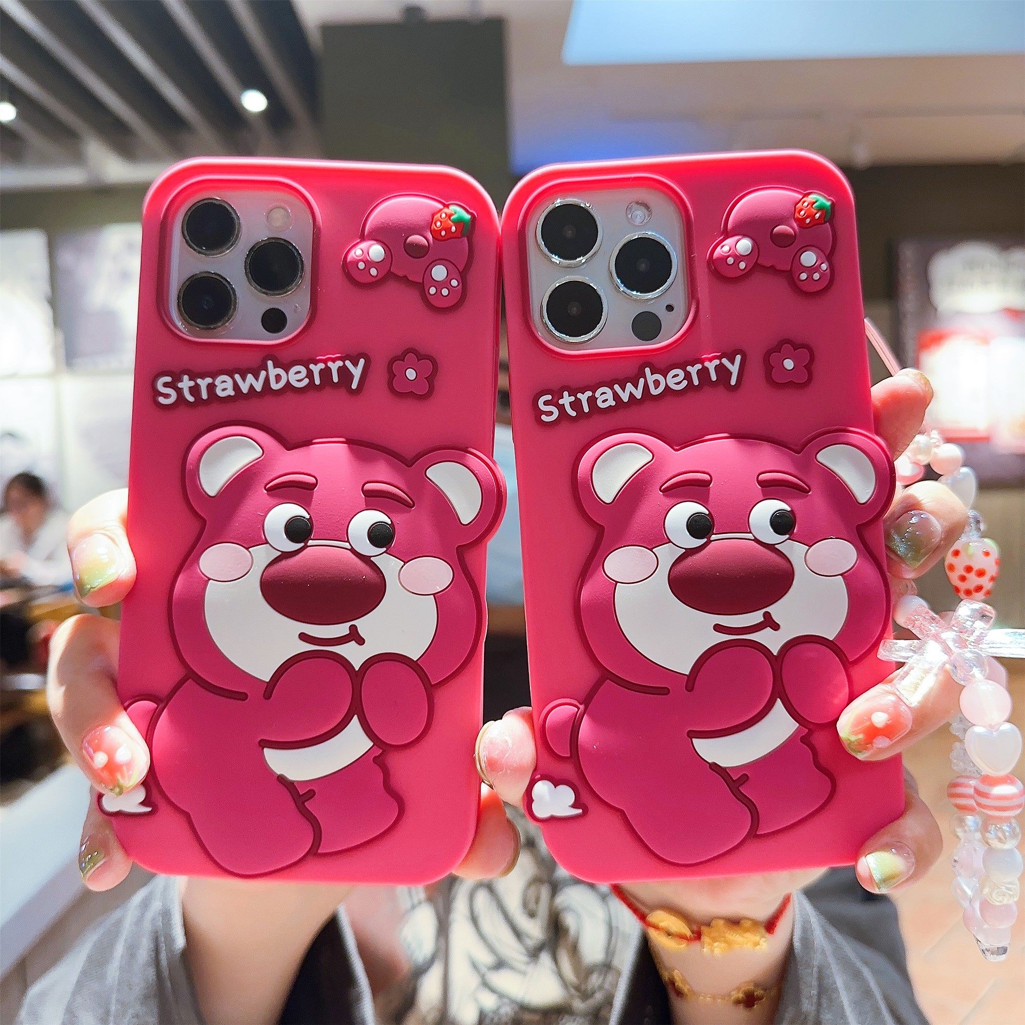 可爱玫红草莓熊卡通适用iPhone16Pro手机壳Max苹果15防摔保护套P50迪士尼草莓熊华为MATE60pro全包软壳P40/30