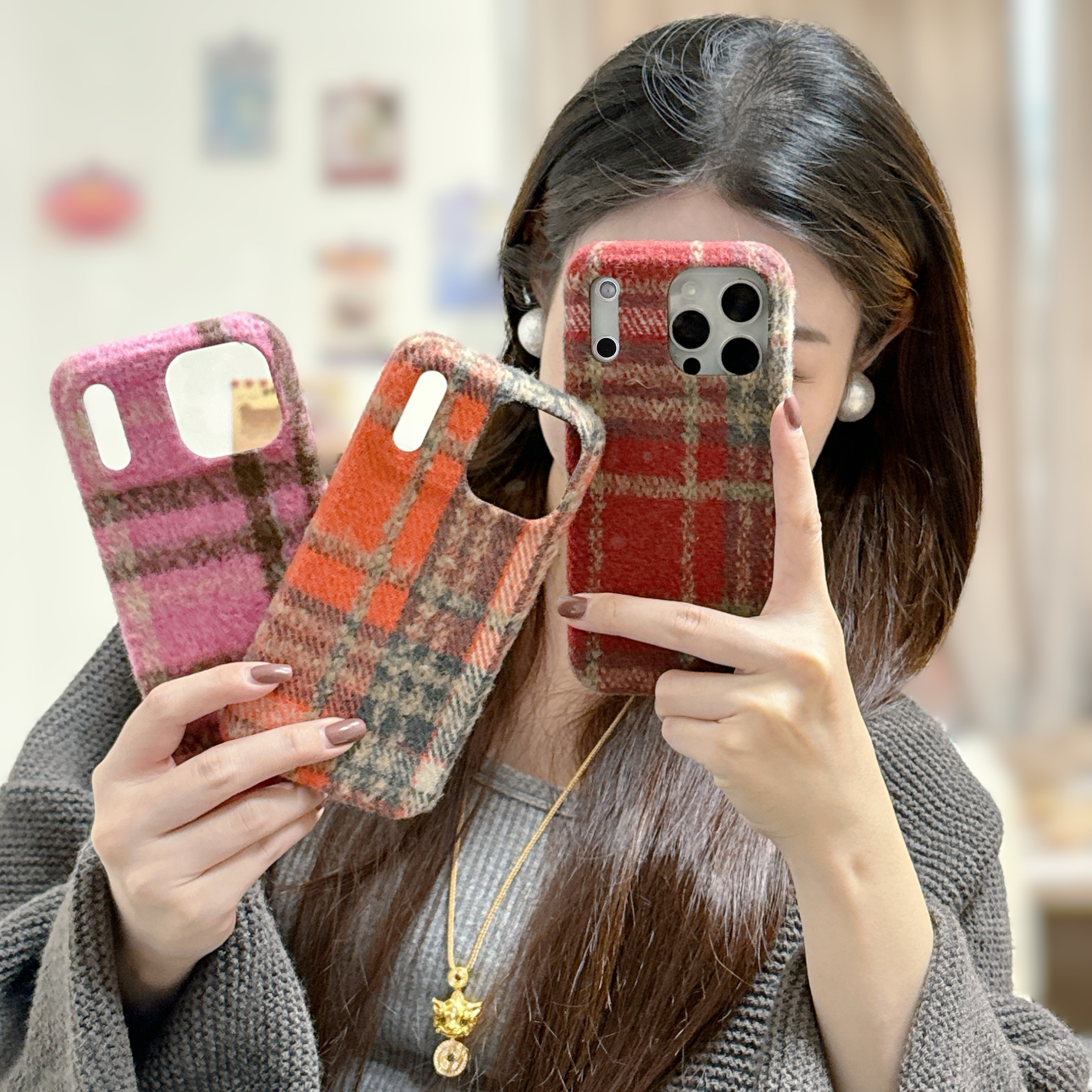 ins简约彩色格纹苹果17保护壳