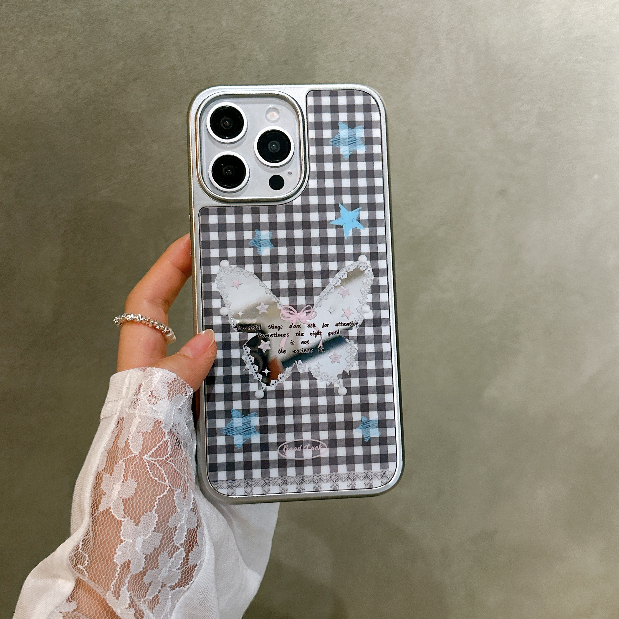 可爱格纹蝴蝶星星小镜子手机壳