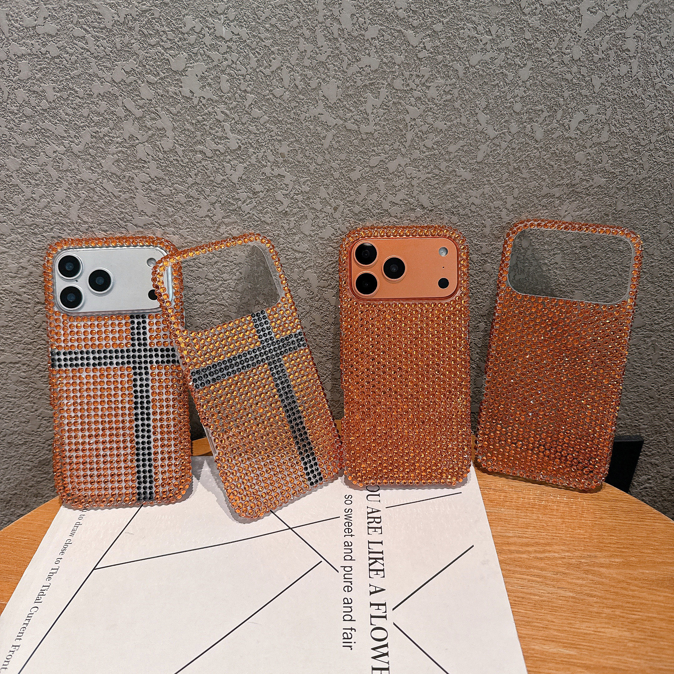 淳于亦ins风满钻闪钻橙色苹果17promax手机壳15pro全包按键透明边大视窗14/13创意闪钻拼接十字架样式16保护