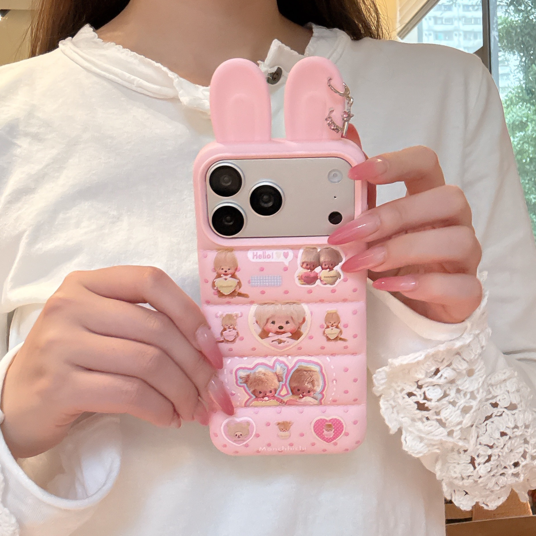 Ins韩系可爱兔耳粉色底蒙奇奇适用苹果17promax手机壳15全包按键大视窗14/13创意十字架耳钉硅胶防摔保护软壳