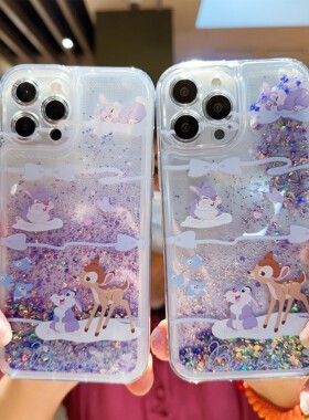 卡通女款紫色小兔子闪粉夜光时尚适用iPhone16promax手机壳透明硅胶壳个性流沙小鹿i15苹果13Pro保护套14外壳