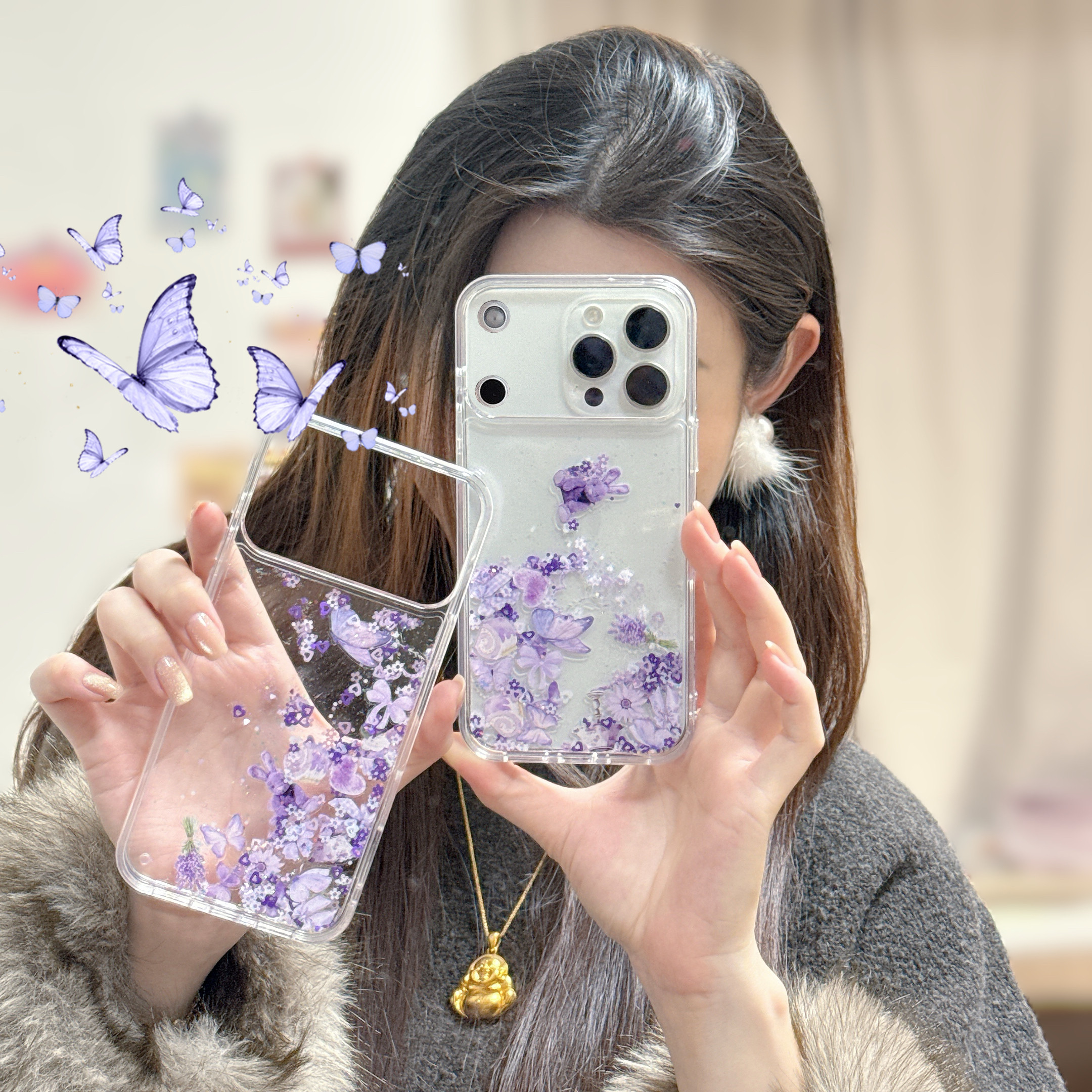 创意梦幻小熊蝴蝶小蛋糕适用苹果17promax手机壳15全包按键大视窗14/13时尚紫色透明流沙硅胶软壳16防摔保护