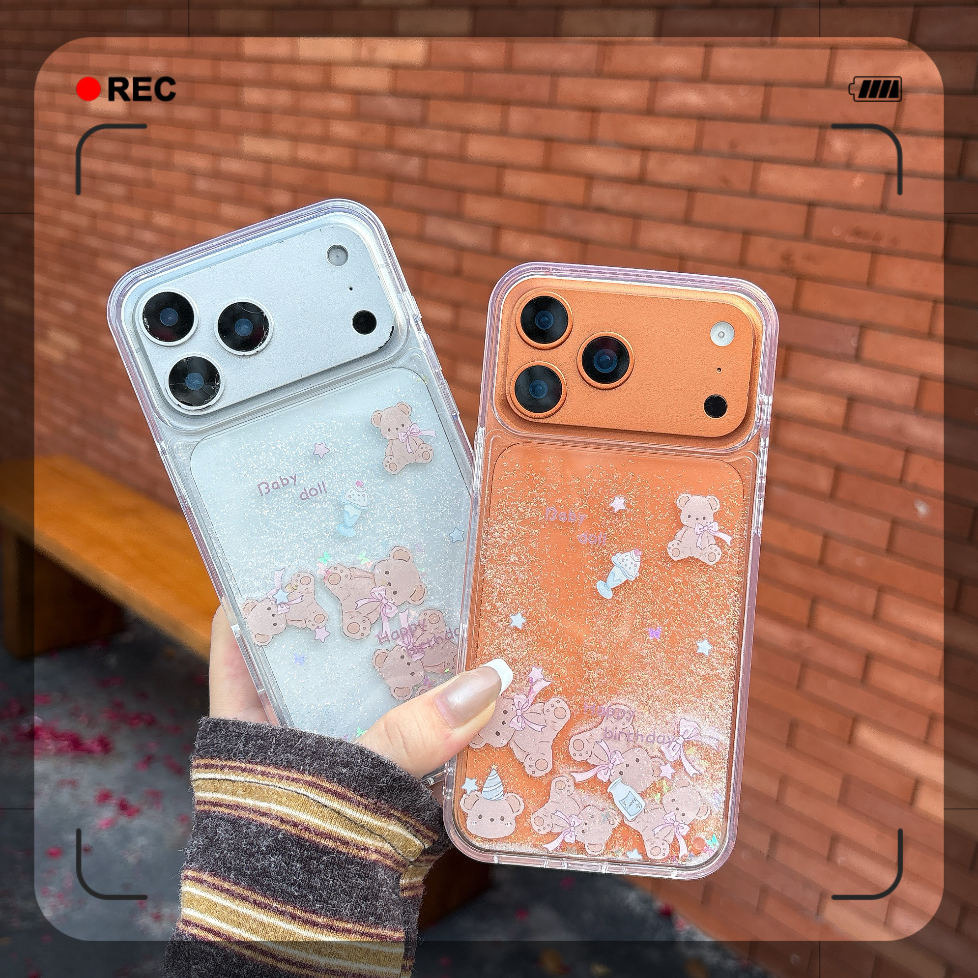 浪漫可爱流沙系蝴蝶结小熊适用苹果17promax手机壳15全包按键大视窗14/13创意卡通透明硅胶软壳16防摔保护壳