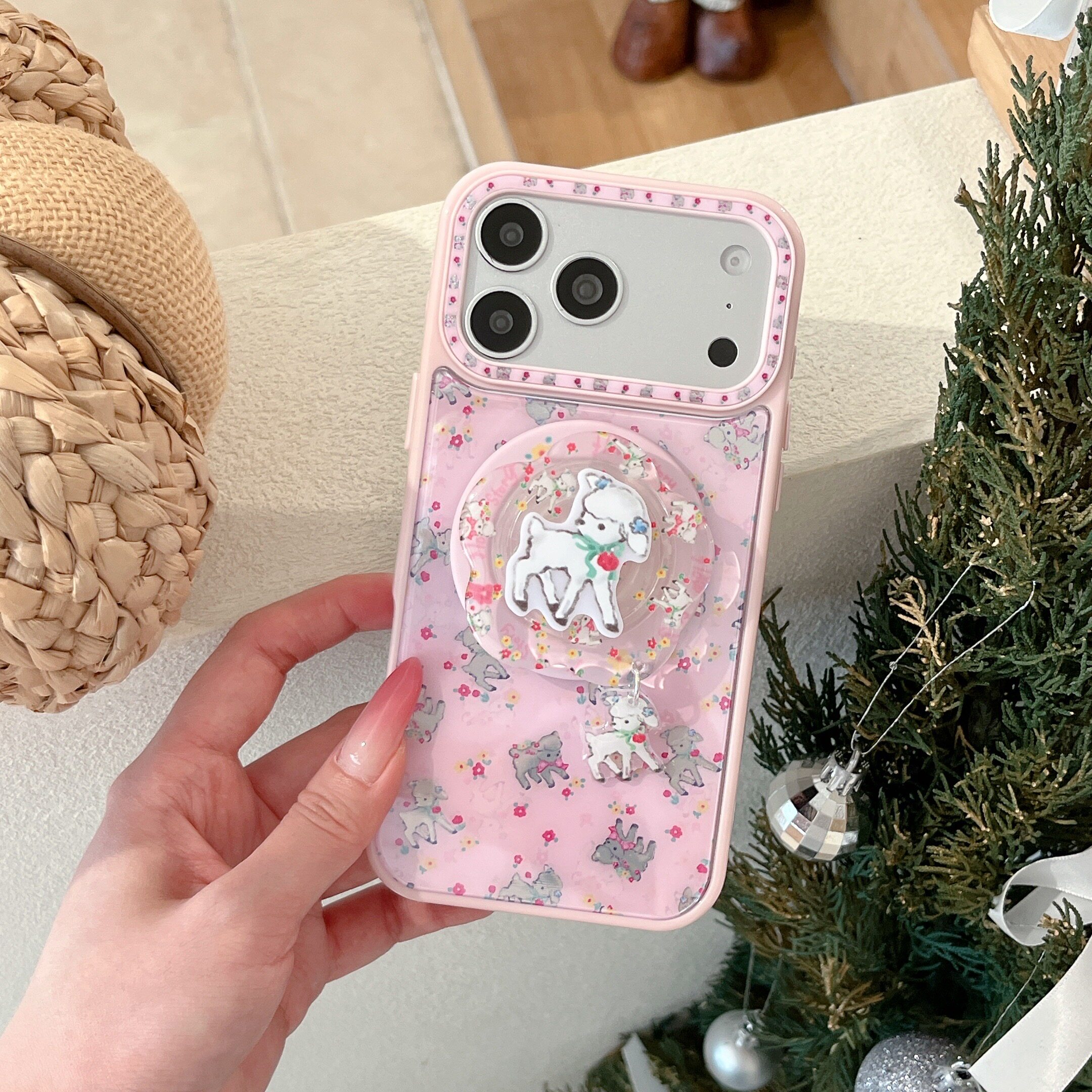 ins韩系可爱满印碎花蓝金小羊磁吸适用苹果17promax手机壳15全包按键大视窗14/13创意小羊无线充防摔保护软壳