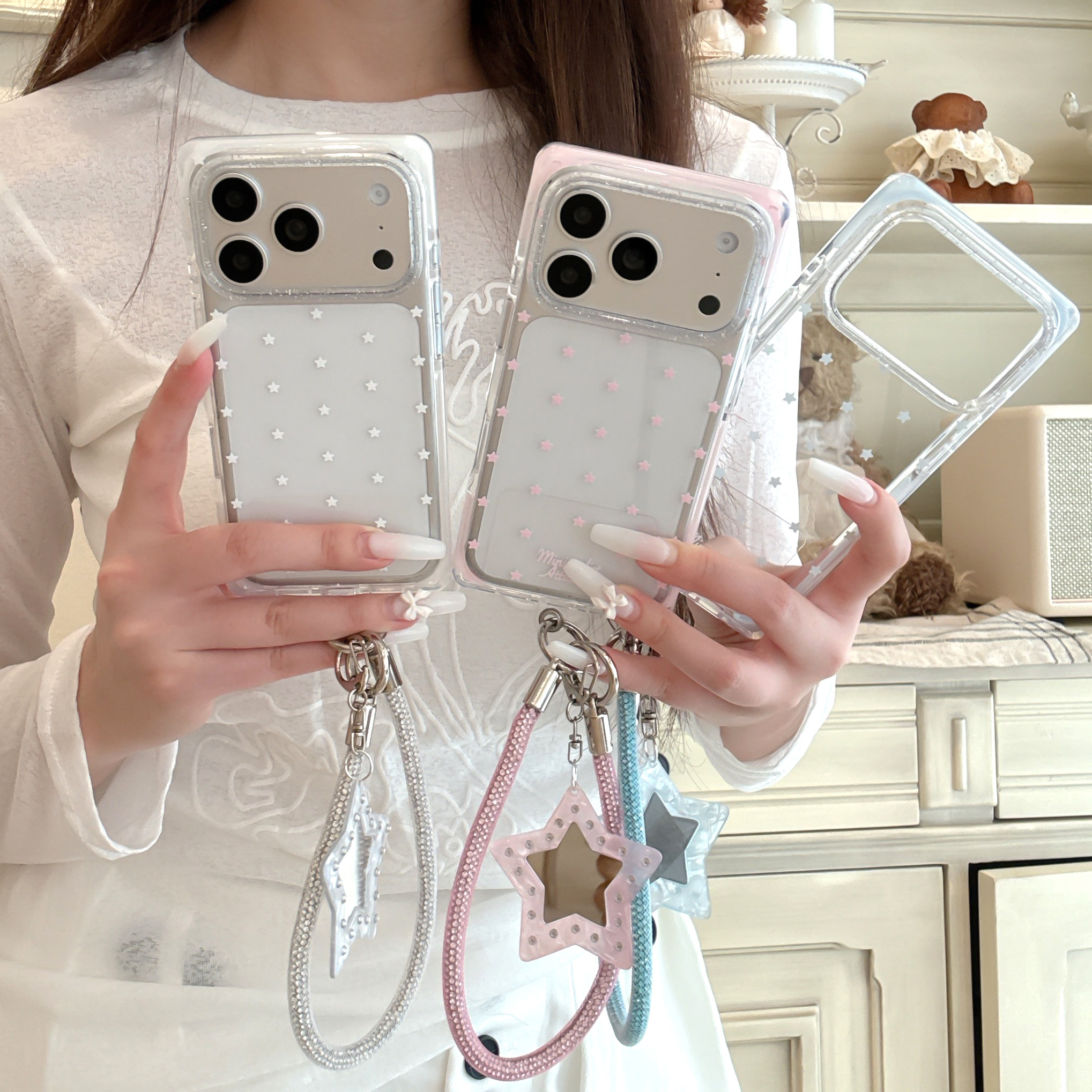 创意简约方形透明满印星星适用苹果17promax手机壳15全包按键大视窗16个性小众不撞款闺蜜星星挂绳软壳17保护