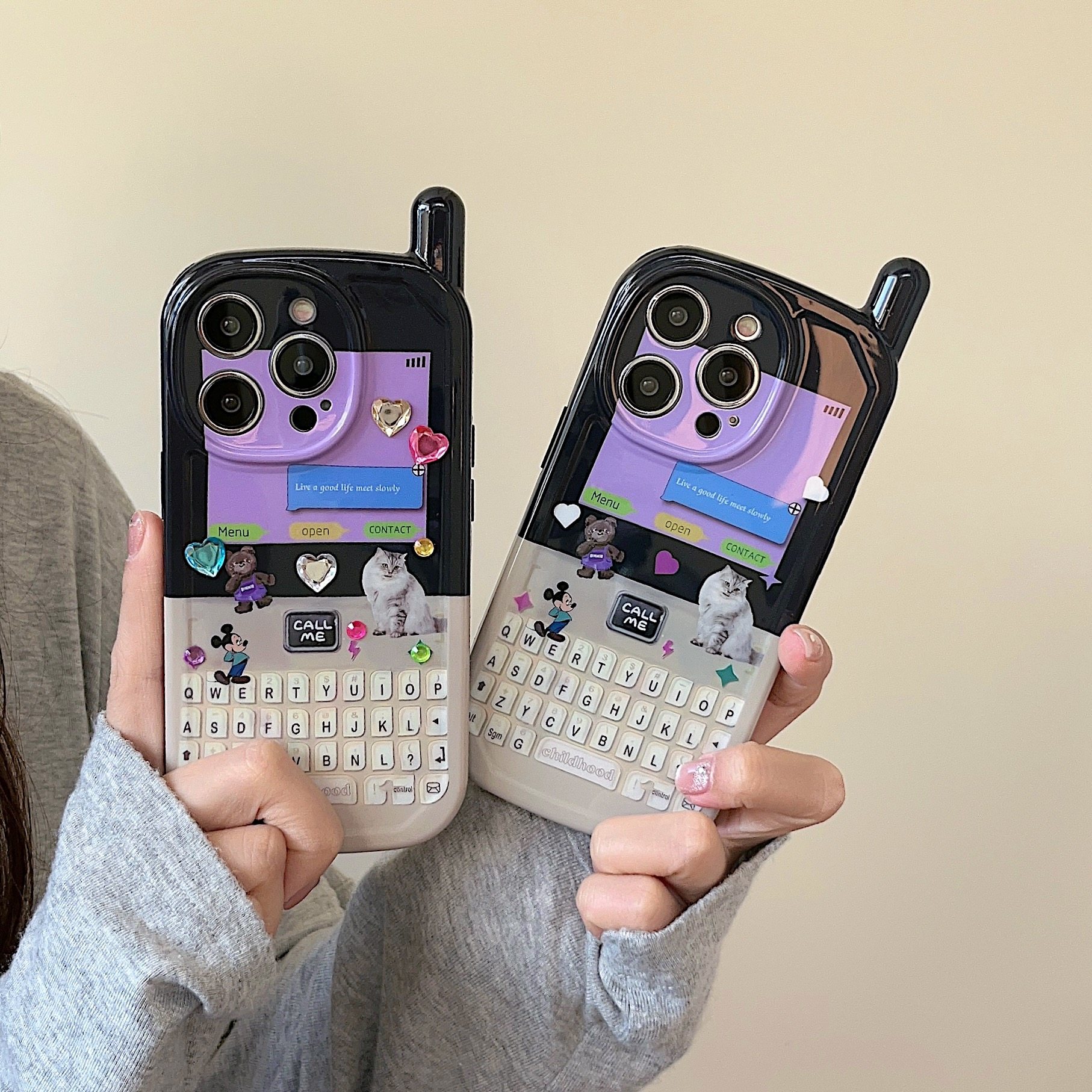 卡通ins风个性猫咪爱心水钻适用苹果iPhone15手机壳大哥大创意13promax苹果12防摔软壳电话机米奇14pro外壳新