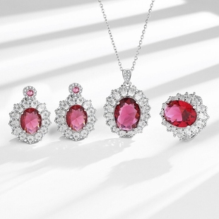 气质高端名媛珠宝套装 欧美时尚 奢华仿真红宝石耳环戒指项链女个性